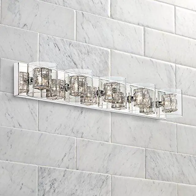 Alt view image 4 of 6 - Modern Wall Mount Light Polished Chrome Silver Aluminum Wrapped Wire 39" Wide 5-Light Vanity Fixture Clear Borosilicate Glass for Bathroom Over Mirror House Home Room Decor