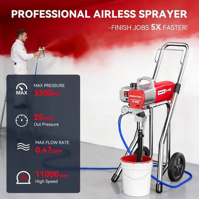 Alt view image 2 of 6 - Airless Paint Sprayer, 1200W High Efficiency Electric Paint Sprayer, 3300PSI Cart Thinning-Free Airless Sprayer with Extension Rod and Wheels, for Home, Yard, Garden, Red