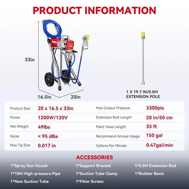 Alt view image 3 of 6 - Airless Paint Sprayer, 1200W High Efficiency Electric Paint Sprayer, 3300PSI Cart Thinning-Free Airless Sprayer with Extension Rod and Wheels, for Home, Yard, Garden, Red