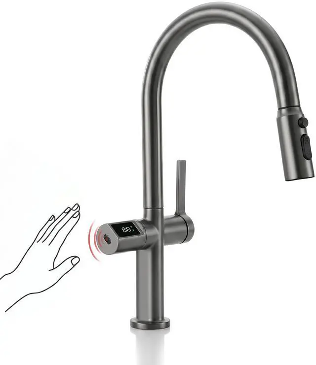 Main image of Touchless Pull-Out Kitchen Faucet, Hands Free Motion Sensor Activated, Battery-Free Temperature Display, KF2206 (Contemporary, Grey)