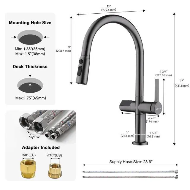 Alt view image 2 of 6 - Touchless Pull-Out Kitchen Faucet, Hands Free Motion Sensor Activated, Battery-Free Temperature Display, KF2206 (Contemporary, Grey)