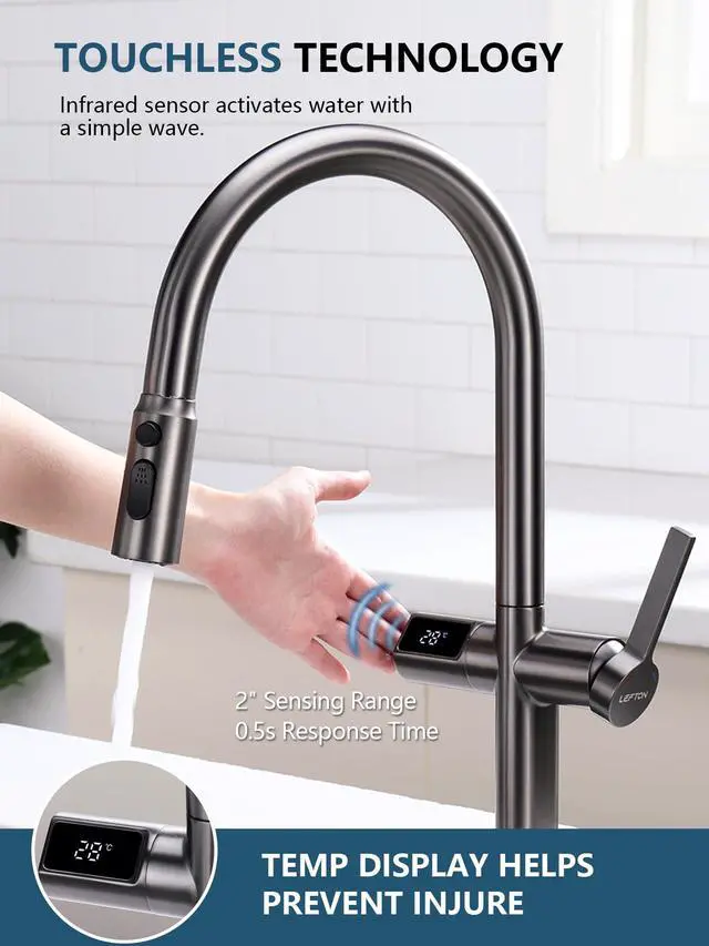 Alt view image 3 of 6 - Touchless Pull-Out Kitchen Faucet, Hands Free Motion Sensor Activated, Battery-Free Temperature Display, KF2206 (Contemporary, Grey)