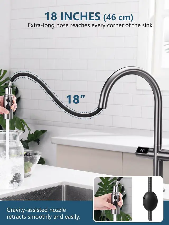 Alt view image 5 of 6 - Touchless Pull-Out Kitchen Faucet, Hands Free Motion Sensor Activated, Battery-Free Temperature Display, KF2206 (Contemporary, Grey)