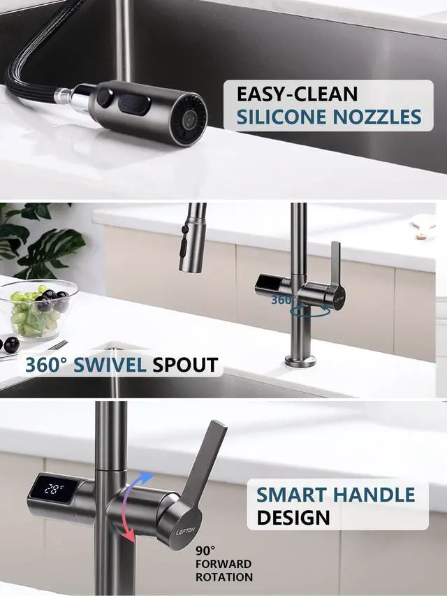 Alt view image 6 of 6 - Touchless Pull-Out Kitchen Faucet, Hands Free Motion Sensor Activated, Battery-Free Temperature Display, KF2206 (Contemporary, Grey)
