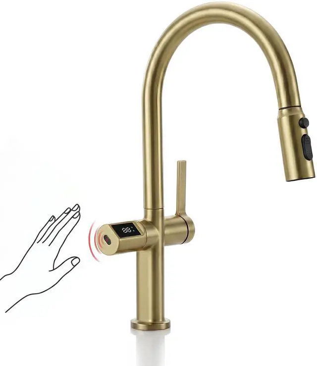 Main image of Touchless Pull-Out Kitchen Faucet, Hands Free Motion Sensor Activated, Battery-Free Temperature Display, KF2206 (Contemporary, Brushed Gold)