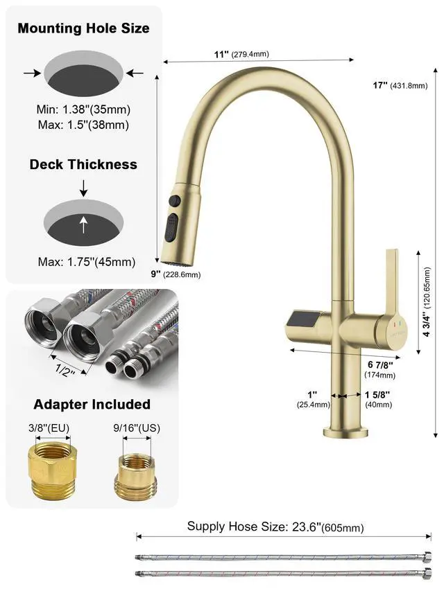 Alt view image 2 of 6 - Touchless Pull-Out Kitchen Faucet, Hands Free Motion Sensor Activated, Battery-Free Temperature Display, KF2206 (Contemporary, Brushed Gold)