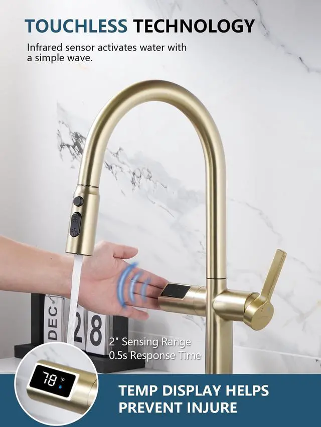 Alt view image 3 of 6 - Touchless Pull-Out Kitchen Faucet, Hands Free Motion Sensor Activated, Battery-Free Temperature Display, KF2206 (Contemporary, Brushed Gold)