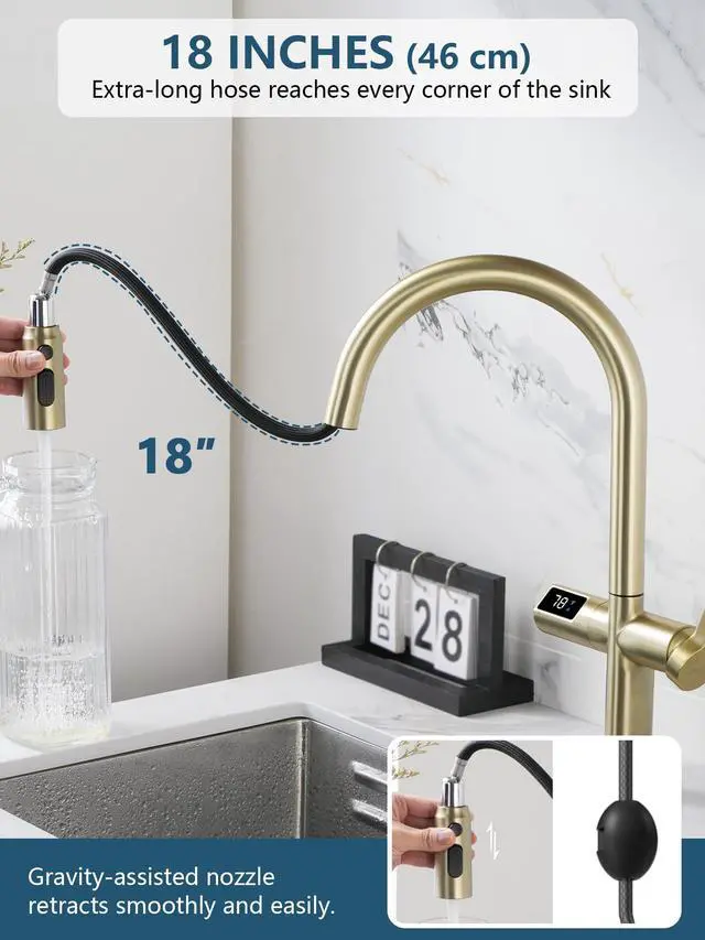 Alt view image 5 of 6 - Touchless Pull-Out Kitchen Faucet, Hands Free Motion Sensor Activated, Battery-Free Temperature Display, KF2206 (Contemporary, Brushed Gold)
