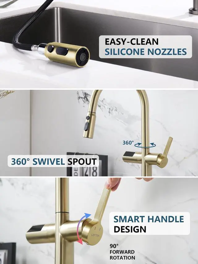 Alt view image 6 of 6 - Touchless Pull-Out Kitchen Faucet, Hands Free Motion Sensor Activated, Battery-Free Temperature Display, KF2206 (Contemporary, Brushed Gold)