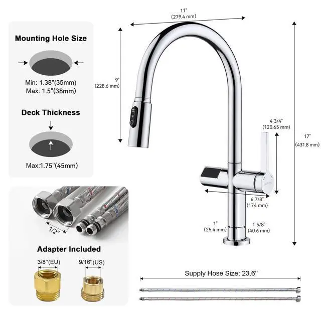 Alt view image 2 of 6 - Touchless Pull-Out Kitchen Faucet, Hands Free Motion Sensor Activated, Battery-Free Temperature Display, KF2206 (Contemporary, Chrome)