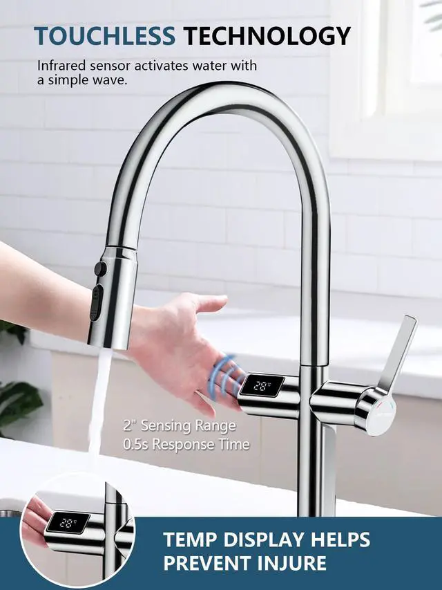 Alt view image 3 of 6 - Touchless Pull-Out Kitchen Faucet, Hands Free Motion Sensor Activated, Battery-Free Temperature Display, KF2206 (Contemporary, Chrome)