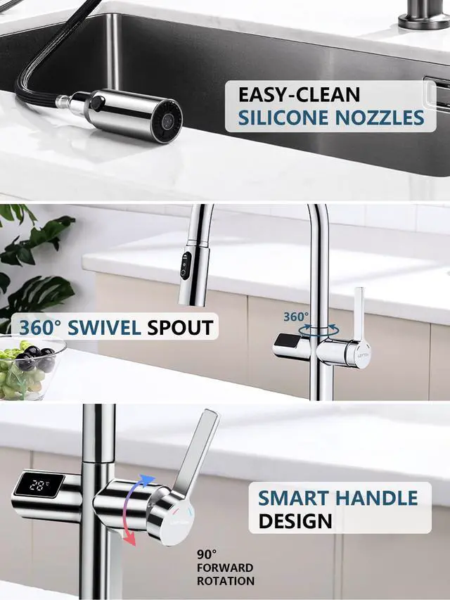 Alt view image 5 of 6 - Touchless Pull-Out Kitchen Faucet, Hands Free Motion Sensor Activated, Battery-Free Temperature Display, KF2206 (Contemporary, Chrome)