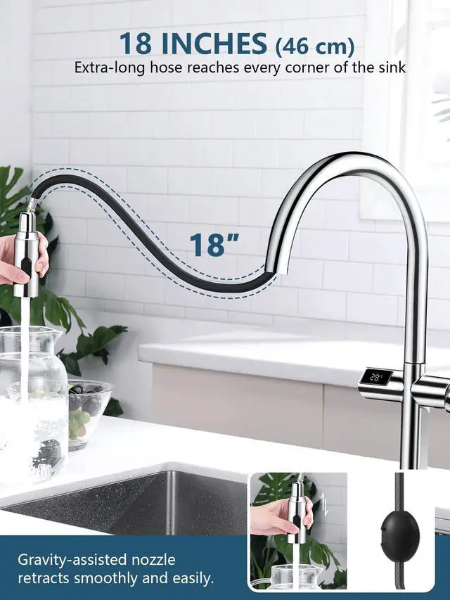 Alt view image 6 of 6 - Touchless Pull-Out Kitchen Faucet, Hands Free Motion Sensor Activated, Battery-Free Temperature Display, KF2206 (Contemporary, Chrome)