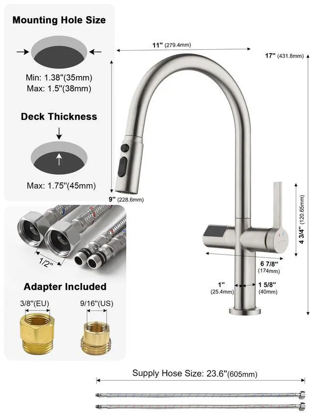 Alt view image 2 of 6 - Touchless Pull-Out Kitchen Faucet, Hands Free Motion Sensor Activated, Battery-Free Temperature Display, KF2206 (Contemporary, Brushed Nickel)