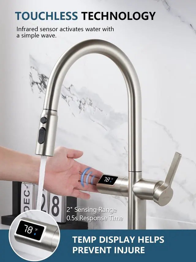 Alt view image 3 of 6 - Touchless Pull-Out Kitchen Faucet, Hands Free Motion Sensor Activated, Battery-Free Temperature Display, KF2206 (Contemporary, Brushed Nickel)