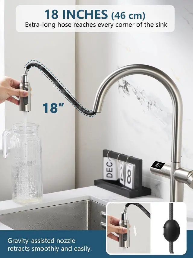 Alt view image 5 of 6 - Touchless Pull-Out Kitchen Faucet, Hands Free Motion Sensor Activated, Battery-Free Temperature Display, KF2206 (Contemporary, Brushed Nickel)