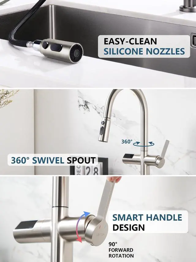 Alt view image 6 of 6 - Touchless Pull-Out Kitchen Faucet, Hands Free Motion Sensor Activated, Battery-Free Temperature Display, KF2206 (Contemporary, Brushed Nickel)