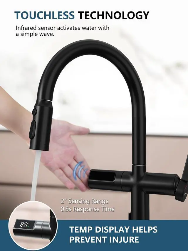 Alt view image 3 of 6 - Touchless Pull-Out Kitchen Faucet, Hands Free Motion Sensor Activated, Battery-Free Temperature Display, KF2206 (Contemporary, Matte Black)