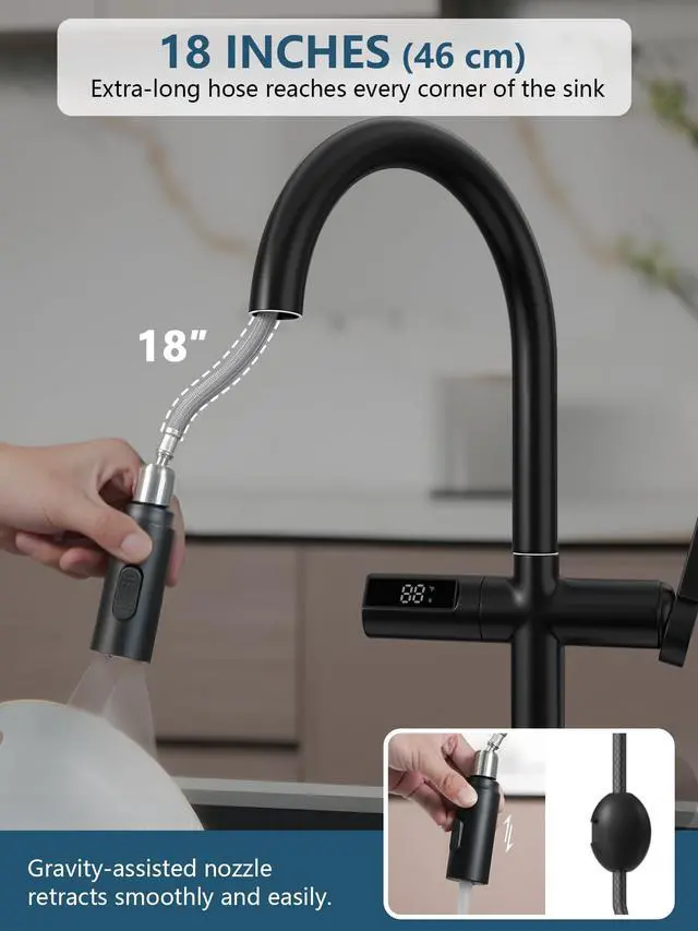 Alt view image 5 of 6 - Touchless Pull-Out Kitchen Faucet, Hands Free Motion Sensor Activated, Battery-Free Temperature Display, KF2206 (Contemporary, Matte Black)