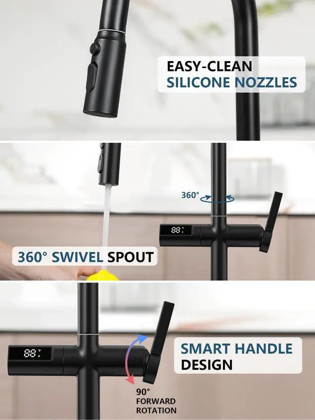 Alt view image 6 of 6 - Touchless Pull-Out Kitchen Faucet, Hands Free Motion Sensor Activated, Battery-Free Temperature Display, KF2206 (Contemporary, Matte Black)