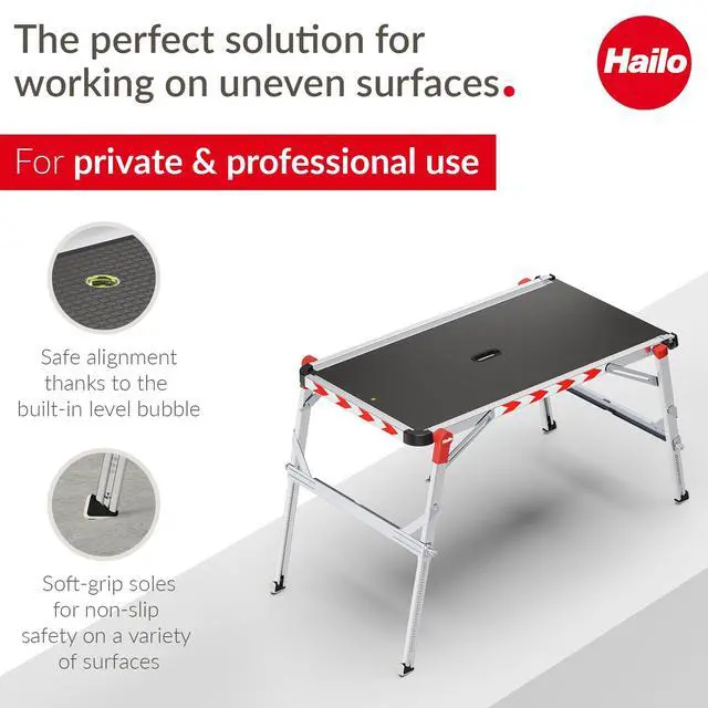 Alt view image 3 of 6 - TP2 Plus | Work & Staircase Platform | Length and Height-Adjustable Telescopic Rails and feet | Integrated Bubble Level | for use with Step stools & stepladders