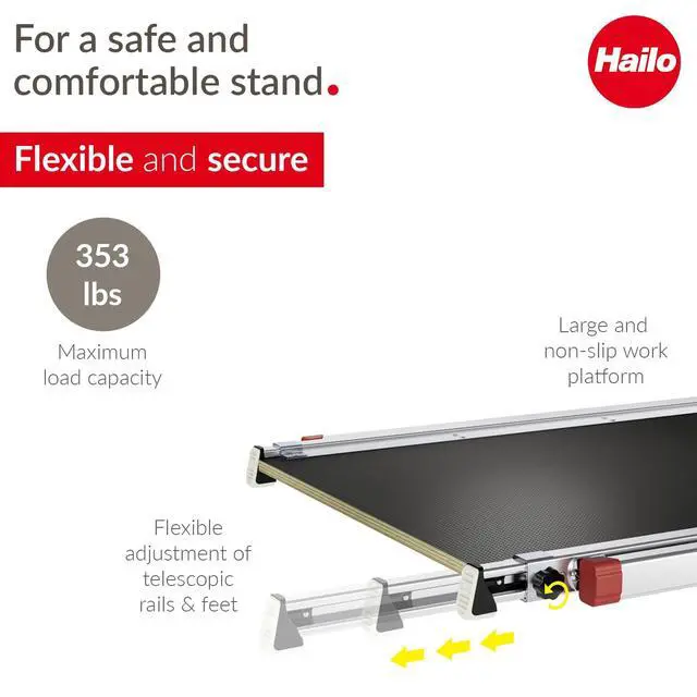 Alt view image 6 of 6 - TP2 Plus | Work & Staircase Platform | Length and Height-Adjustable Telescopic Rails and feet | Integrated Bubble Level | for use with Step stools & stepladders