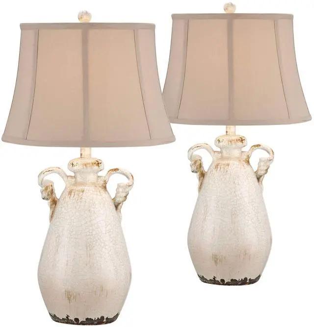 Main image of Isabella Rustic Country Cottage Core Table Lamps 29" Tall Set of 2 Crackled Ivory Glaze Ceramic Handles Jar Beige Bell Shade for Bedroom Living Room House Bedside Nightstand Office