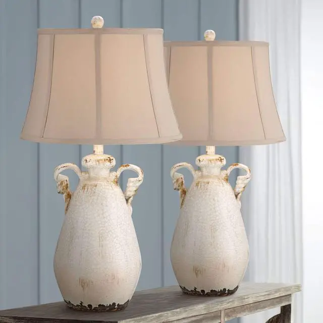 Alt view image 2 of 6 - Isabella Rustic Country Cottage Core Table Lamps 29" Tall Set of 2 Crackled Ivory Glaze Ceramic Handles Jar Beige Bell Shade for Bedroom Living Room House Bedside Nightstand Office