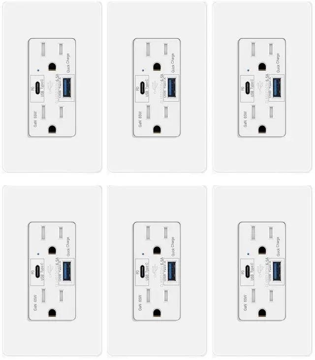 Main image of USB C Outlet PD, Power Delivery 65W Type C Outlet,Fast Charging Capability,15 Amp Tamper Resistant Receptacle Plug,Electrical USB Socket, for iPhone 14 Pro Max,UL Listed (USB C PD 6pack)