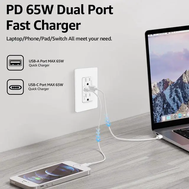 Alt view image 3 of 6 - USB C Outlet PD, Power Delivery 65W Type C Outlet,Fast Charging Capability,15 Amp Tamper Resistant Receptacle Plug,Electrical USB Socket, for iPhone 14 Pro Max,UL Listed (USB C PD 6pack)