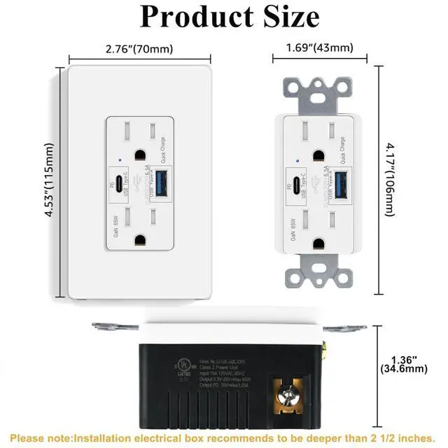 Alt view image 6 of 6 - USB C Outlet PD, Power Delivery 65W Type C Outlet,Fast Charging Capability,15 Amp Tamper Resistant Receptacle Plug,Electrical USB Socket, for iPhone 14 Pro Max,UL Listed (USB C PD 6pack)