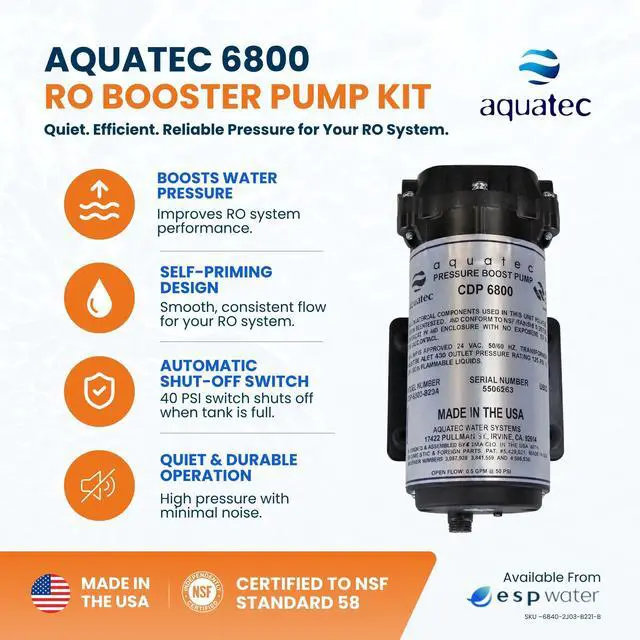 Alt view image 2 of 6 - Aquatec 6800 RO Booster Pump Kit Includes 40 PSI Pressure Switch, 120V Transformer, Quiet Self-Priming Water Pressure Pump for Home Reverse Osmosis Systems, 1/4-Inch QC Fittings, Up to 50 GPD