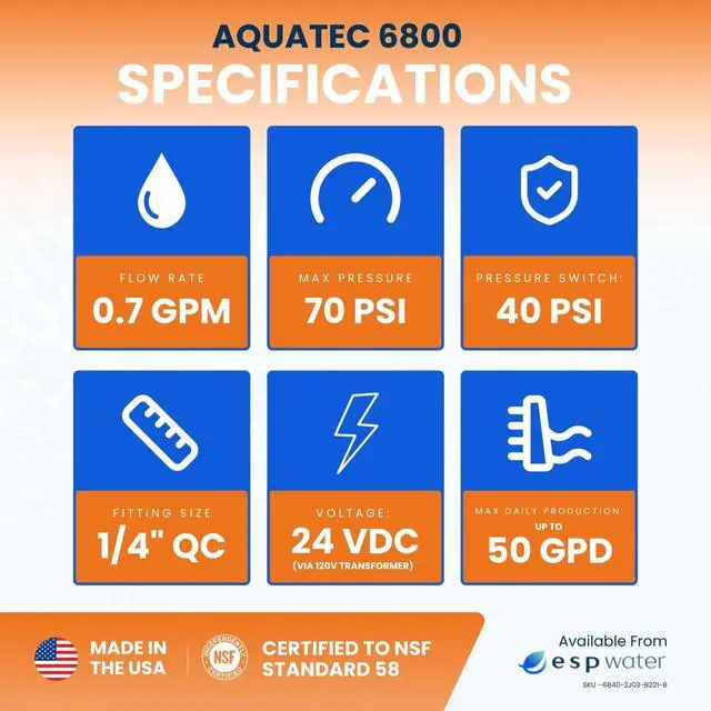 Alt view image 3 of 6 - Aquatec 6800 RO Booster Pump Kit Includes 40 PSI Pressure Switch, 120V Transformer, Quiet Self-Priming Water Pressure Pump for Home Reverse Osmosis Systems, 1/4-Inch QC Fittings, Up to 50 GPD
