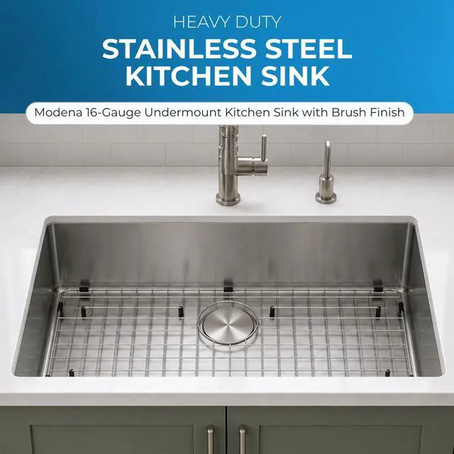 Alt view image 2 of 6 - Zuhnë Modena 28-Inch Undermount Kitchen Sink, Single Bowl 16 Gauge T304 18/10 Stainless Steel, Brushed Finish, Sound Guard, 28 x 18 x 10 in