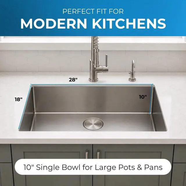 Alt view image 3 of 6 - Zuhnë Modena 28-Inch Undermount Kitchen Sink, Single Bowl 16 Gauge T304 18/10 Stainless Steel, Brushed Finish, Sound Guard, 28 x 18 x 10 in