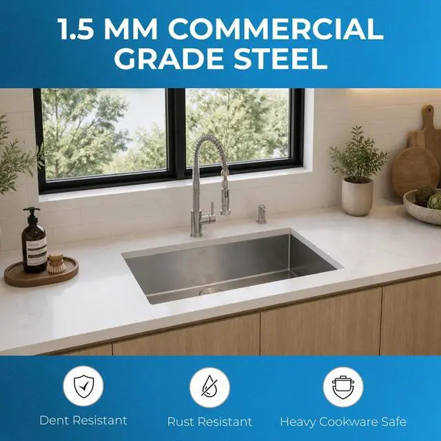 Alt view image 4 of 6 - Zuhnë Modena 28-Inch Undermount Kitchen Sink, Single Bowl 16 Gauge T304 18/10 Stainless Steel, Brushed Finish, Sound Guard, 28 x 18 x 10 in