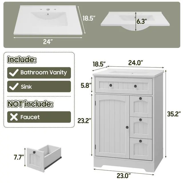 Alt view image 2 of 6 - Bathroom Vanity with Sink Combo, Freestanding Bathroom Storage Cabinet with 4 Drawers and Sliding Door, Vintage Vanity Cabinet with Ceramic Sink, White
