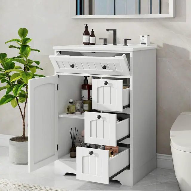 Alt view image 3 of 6 - Bathroom Vanity with Sink Combo, Freestanding Bathroom Storage Cabinet with 4 Drawers and Sliding Door, Vintage Vanity Cabinet with Ceramic Sink, White