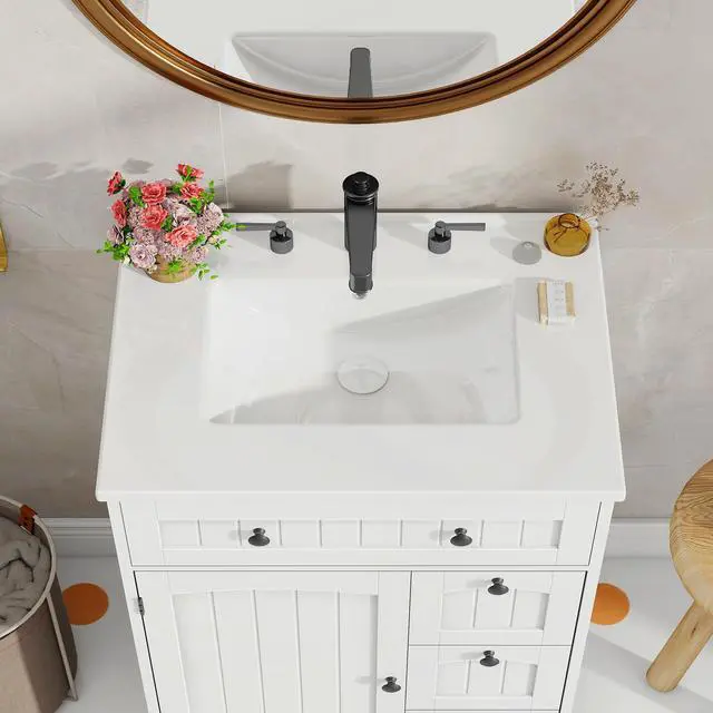 Alt view image 4 of 6 - Bathroom Vanity with Sink Combo, Freestanding Bathroom Storage Cabinet with 4 Drawers and Sliding Door, Vintage Vanity Cabinet with Ceramic Sink, White
