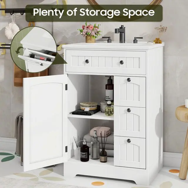 Alt view image 5 of 6 - Bathroom Vanity with Sink Combo, Freestanding Bathroom Storage Cabinet with 4 Drawers and Sliding Door, Vintage Vanity Cabinet with Ceramic Sink, White