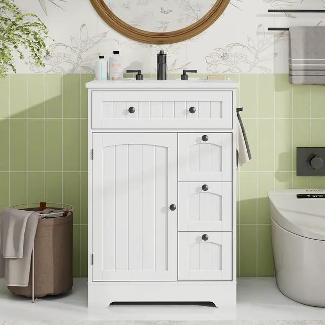 Alt view image 6 of 6 - Bathroom Vanity with Sink Combo, Freestanding Bathroom Storage Cabinet with 4 Drawers and Sliding Door, Vintage Vanity Cabinet with Ceramic Sink, White