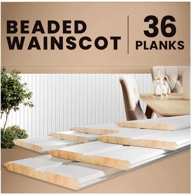 Main image of Real Wood Beadboard Wainscoting Panels - Primed Tongue and Groove Pine Solid Wood Wall Panels, 32 Tall, Knot-Free Interior Wall Paneling, Ready to Paint, 36 Planks (Covers 10.5 Lin. Ft.)