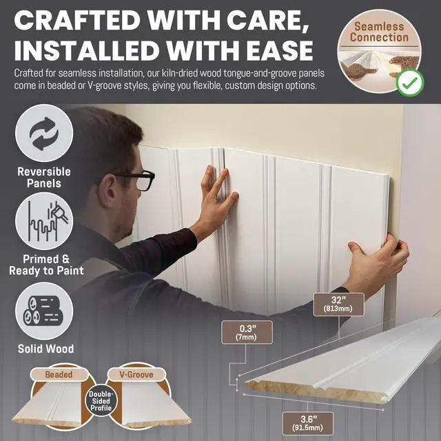 Alt view image 2 of 6 - Real Wood Beadboard Wainscoting Panels - Primed Tongue and Groove Pine Solid Wood Wall Panels, 32 Tall, Knot-Free Interior Wall Paneling, Ready to Paint, 36 Planks (Covers 10.5 Lin. Ft.)