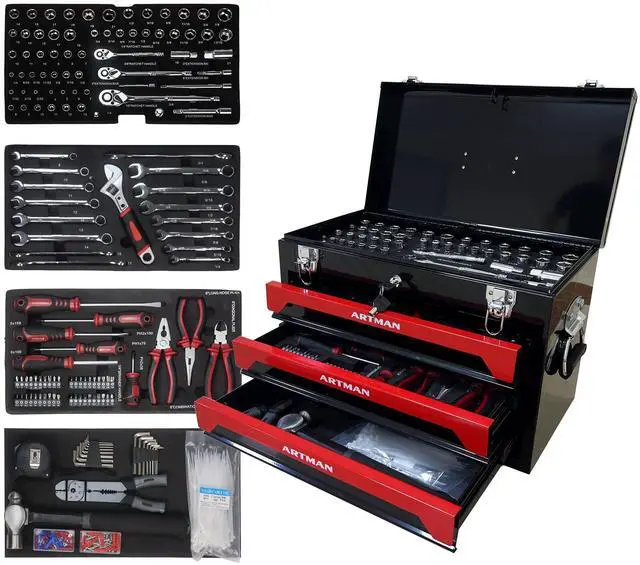 Main image of 439PCS Tool Set, Mechanic Tool Set for Home, Tool Box Set 4-Tier Socket Wrench Ratchet Plier Nails, Home Tool Set Mechanics Kit with 3 Drawers Organizer for Adults Man Handyman, Red