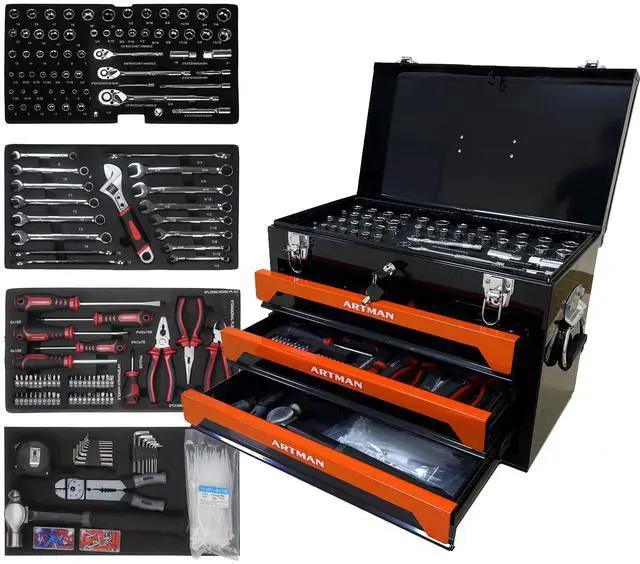 Main image of 439PCS Tool Set, Mechanic Tool Set for Home, Tool Box Set 4-Tier Socket Wrench Ratchet Plier Nails, Home Tool Set Mechanics Kit with 3 Drawers Organizer for Adults Man Handyman, Orange
