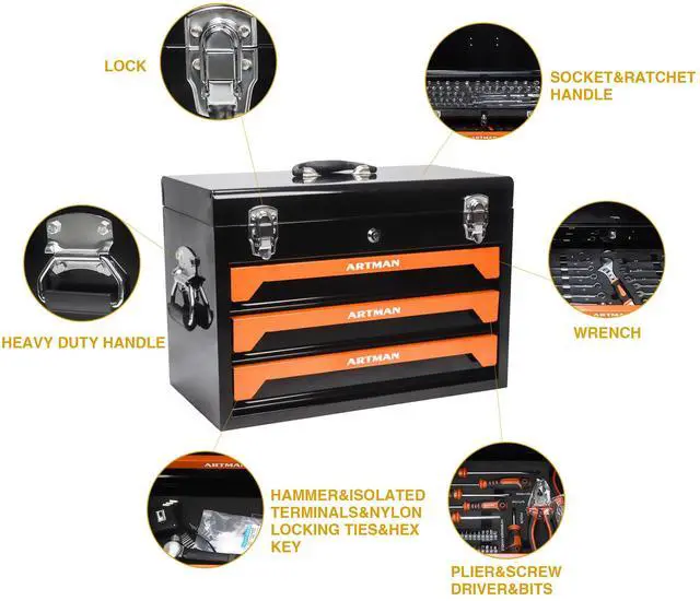 Alt view image 4 of 6 - 439PCS Tool Set, Mechanic Tool Set for Home, Tool Box Set 4-Tier Socket Wrench Ratchet Plier Nails, Home Tool Set Mechanics Kit with 3 Drawers Organizer for Adults Man Handyman, Orange