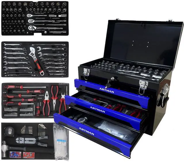 Main image of 439PCS Tool Set, Mechanic Tool Set for Home, Tool Box Set 4-Tier Socket Wrench Ratchet Plier Nails, Home Tool Set Mechanics Kit with 3 Drawers Organizer for Adults Man Handyman, Blue