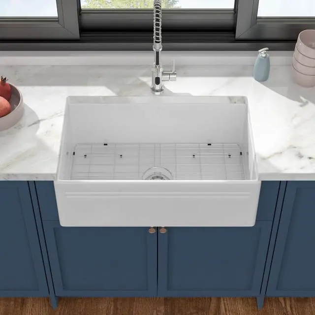 Alt view image 3 of 6 - 30 Inch White Farmhouse Sink Reversible Front Apron Porcelain Sink White Single Bowl Undermount Barn Sinks,DC-A8873