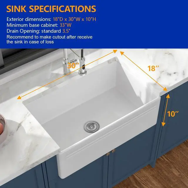 Alt view image 6 of 6 - 30 Inch White Farmhouse Sink Reversible Front Apron Porcelain Sink White Single Bowl Undermount Barn Sinks,DC-A8873