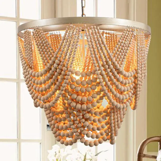 Main image of Boho Wood Beaded Chandelier Light Fixture,Large 25.5 inch Bohemia Bead Chandelier Rustic Farmhouse Ceiling Light Fixture for Dinning Room Bedroom Living Room (Oak)